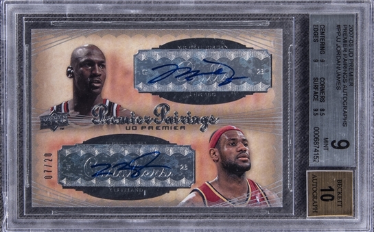 2007-08 UD "Premier Pairings" Autographs #PPJJ Michael Jordan/LeBron James Dual-Signed Card (#07/20) – BGS MINT 9/BGS 10